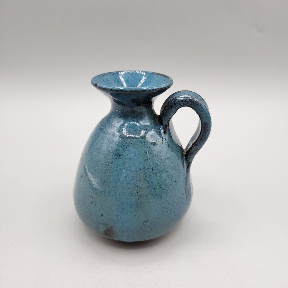 Handmade Blue Pottery Mini Jug Vase With Handle Artist Signed 4 Inch